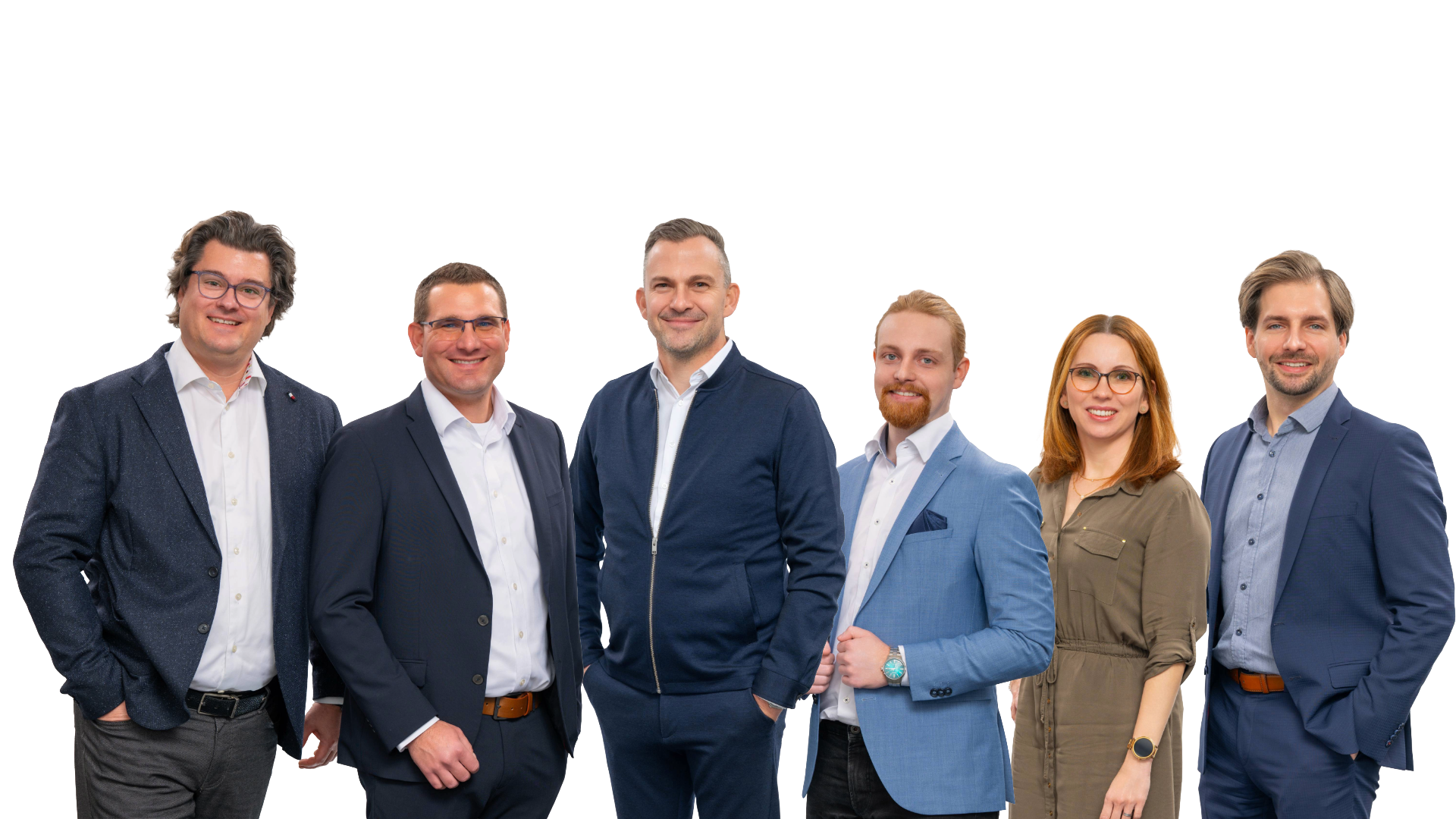 Das Team von Next Level Karriere+ — sechs lächelnde Finanzcoaches